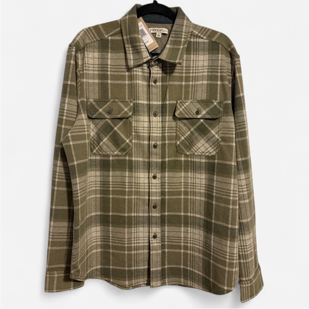 Frye & Co Men's Tan Plaid Fleece Button Up Shirt Size L New